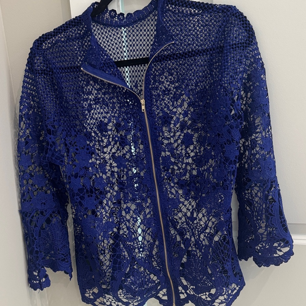 Blue Lace Zip-Up Blouse